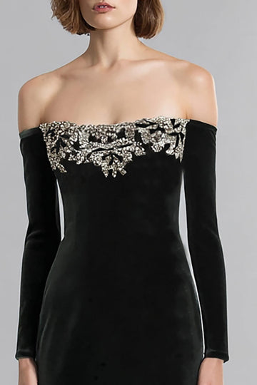 Sparkly Black Velvet Off the Shoulder Long Formal Dress with Sleeves